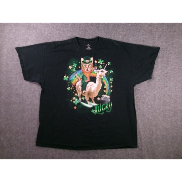 Shirt Men XXL Black Lucky St Patricks Day Cat Unicorn Lama Fun Statement Causal - Picture 1 of 8